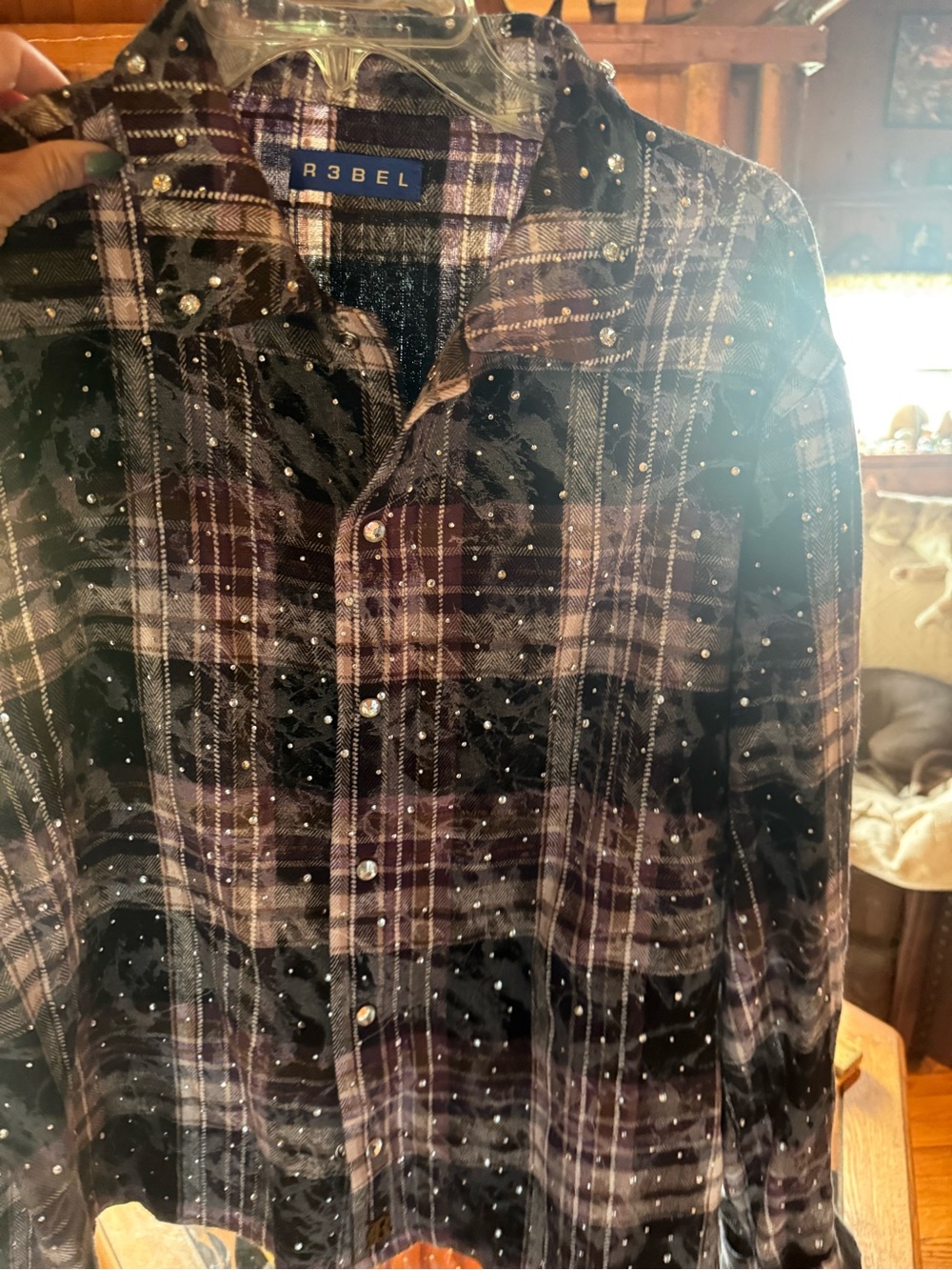 Purple and Black Plaid Studded Button-Down Shirt